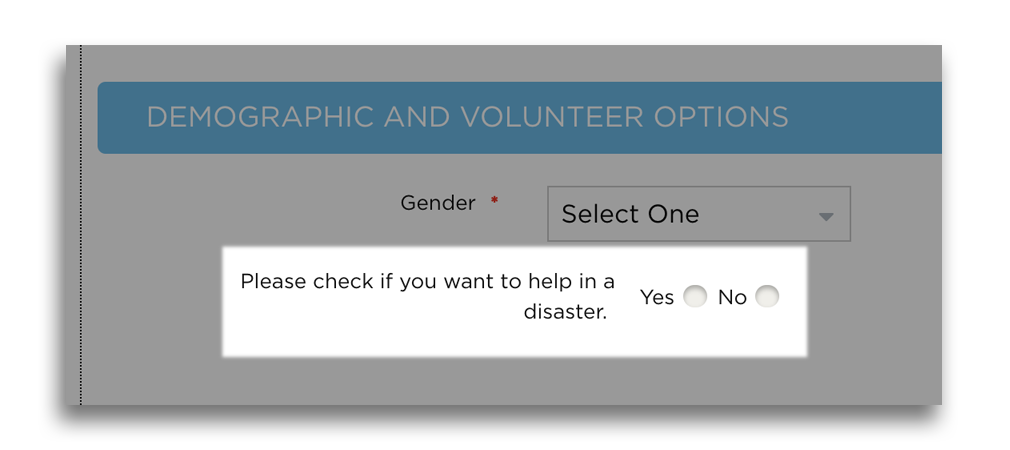 screengrab: look for the question about disaster volunteerism when you sign up for a hon.org account