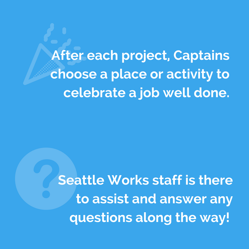 After each project, Captains choose a place or activity to celebrate a job well done. Seattle Works staff is  there to answer any  questions along the way!